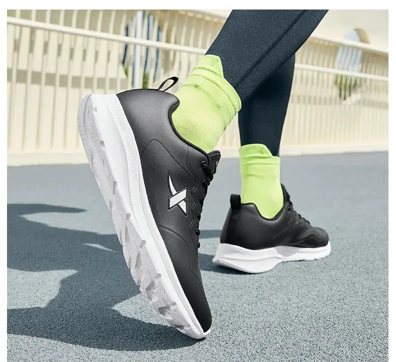 Xtep men's black leather running shoes with white outsole, Simples Market; 2 shoes shown