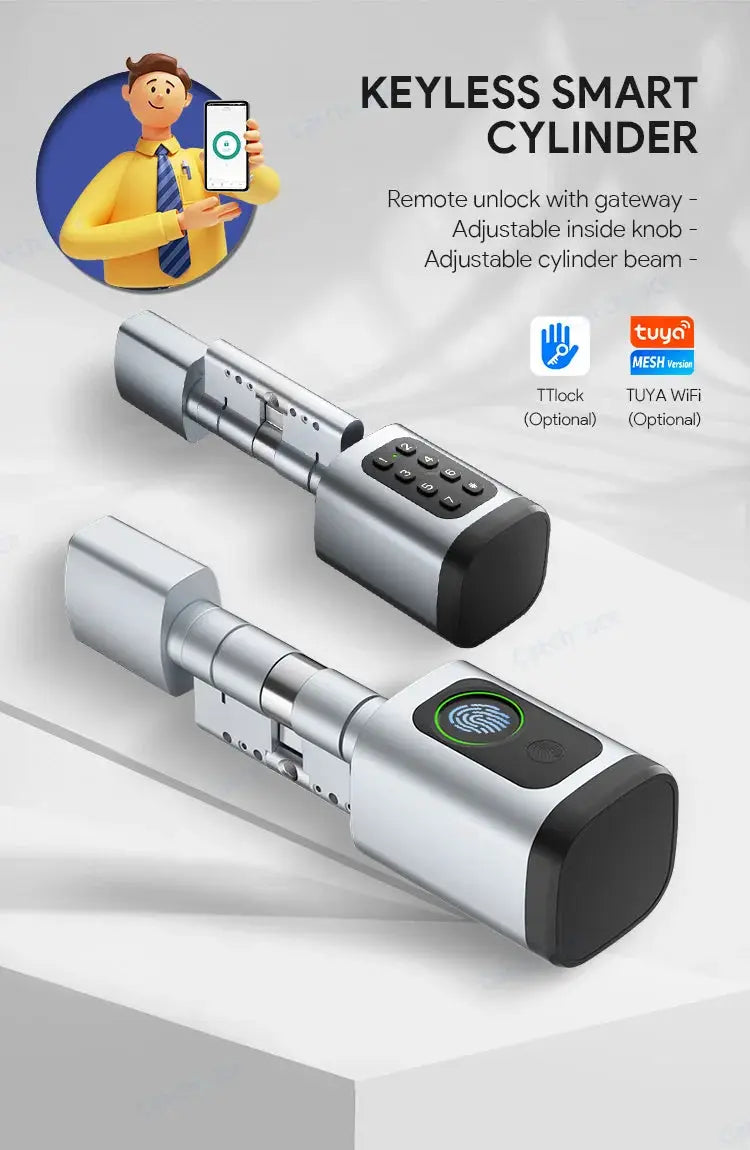 V1 Pro+ Keyless Smart Cylinder lock with keypad and fingerprint sensor, RFID supported, two-piece by Simples Market