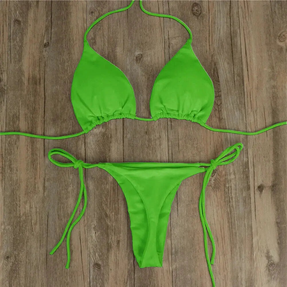 Women's neon green triangle bikini set with adjustable side-tie thong bottom