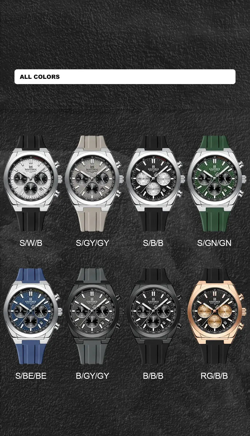 NAVIFORCE men’s chronograph watches with silicone straps, luminous hands, 3ATM waterproof, in 8 colorways