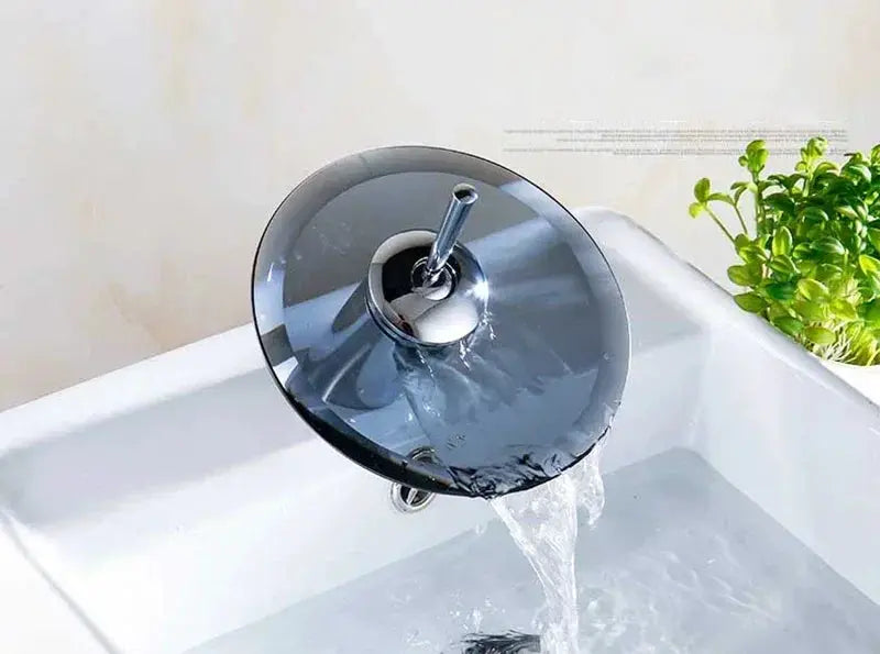 Bathroom faucet Simples Market chrome deck-mounted mixer with glass waterfall disc and single lever