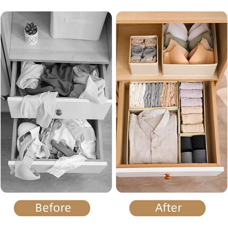 Foldable drawer organizers by Simples Market in beige fabric; neatly sorting underwear, socks and clothing in a wooden dresser.