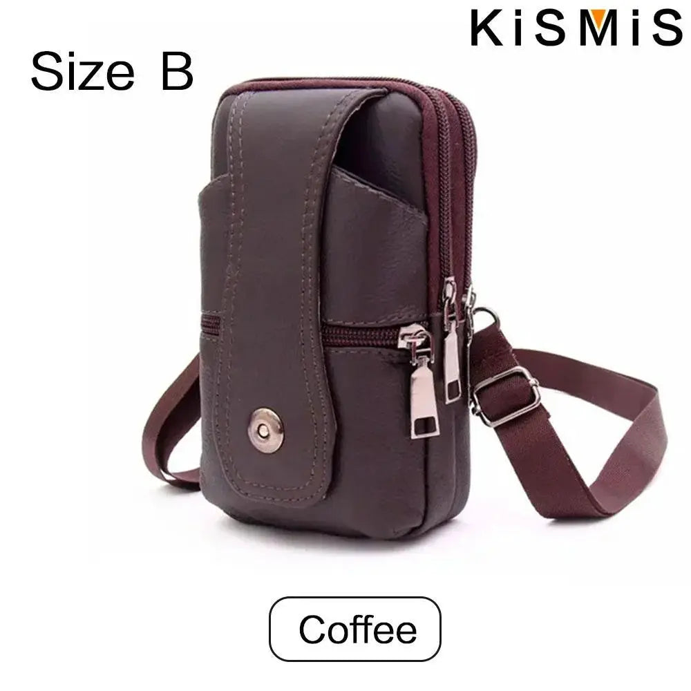 KISMIS men's leather waist bag coffee brown with shoulder strap, large-capacity fanny pack