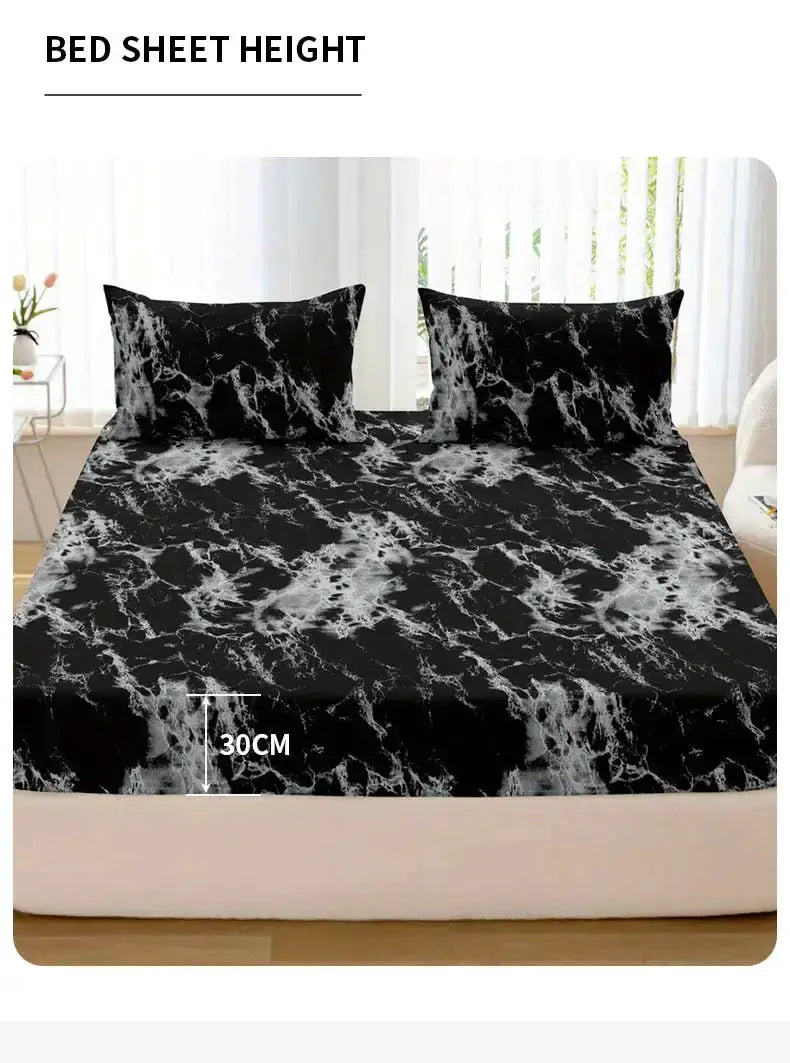 3-Piece marble print fitted sheet set by Simples Market in black microfiber with matching pillowcases.