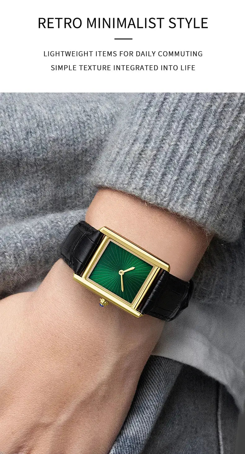 Square watch with gold-tone case, green dial, and black leather strap; unisex quartz wristwatch