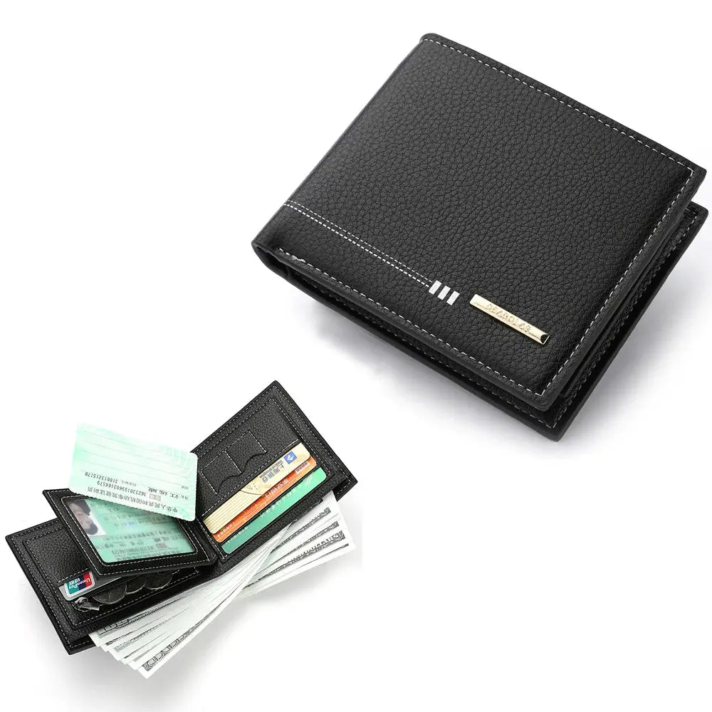 Men's black lychee-pattern leather wallet with zip coin pouch and card slots, Simples Market