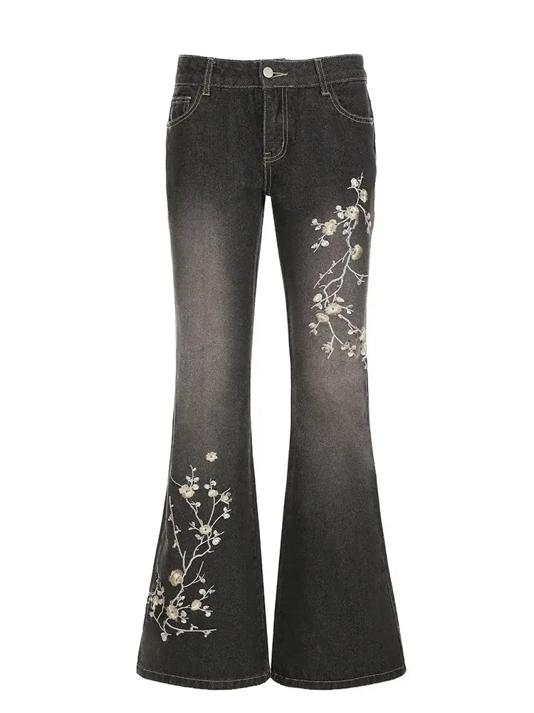 Weekeep Floral Embroidery Jeans Y2K Vintage Low Rise Flared Denim