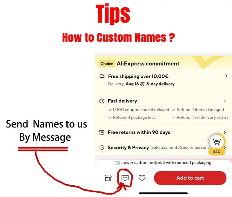Personalized money clip by Simples Market; tips screen showing how to send names via message with chat icon and add-to-cart button
