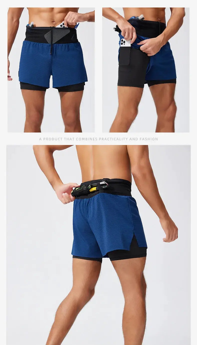 Men's blue double-layer running shorts with black inner liner and side phone pocket