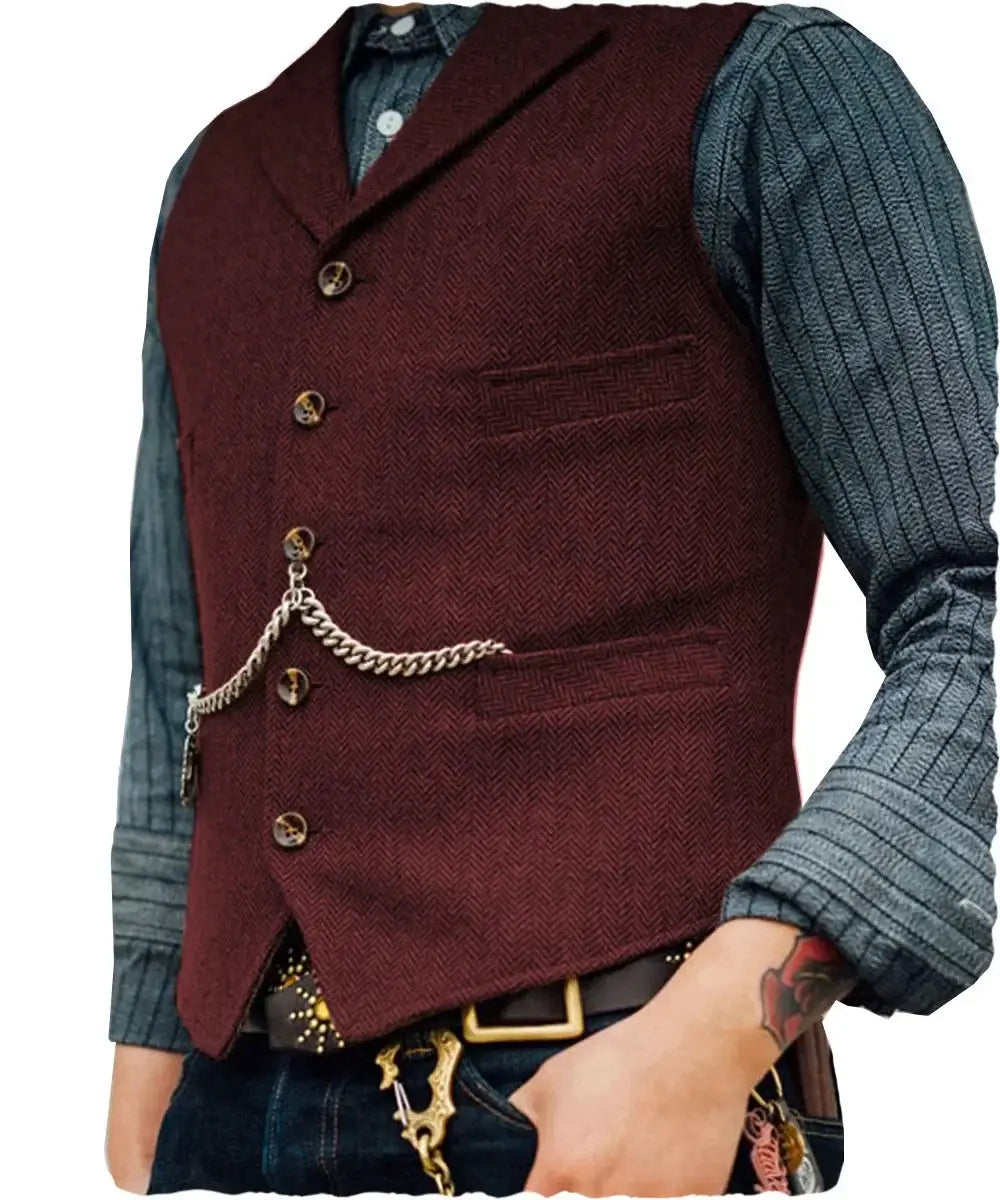 Men's wool tweed vest by Simples Market, burgundy sleeveless waistcoat with chain detail.
