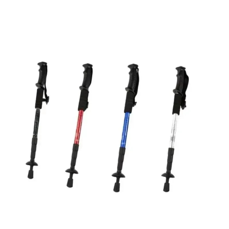 Ultralight trekking poles with shock absorption and foldable design; four color options in black, red, blue, and clear.