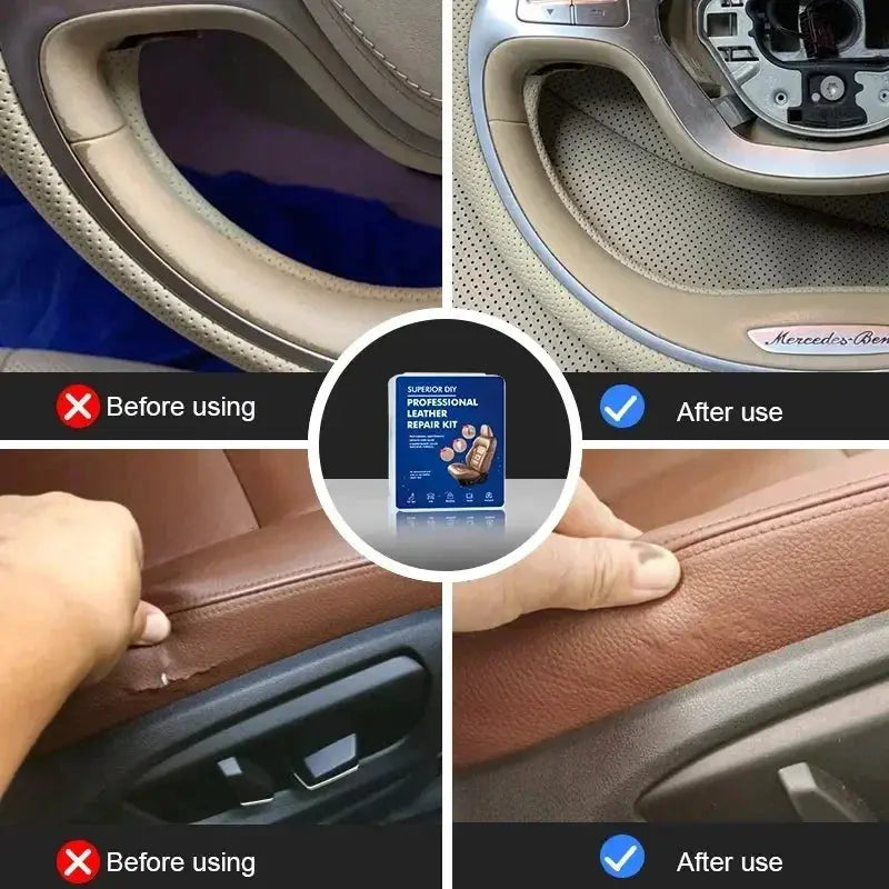 Simples Market Professional Liquid Leather Repair Kit for car interiors; beige leather repair shown with blue kit box