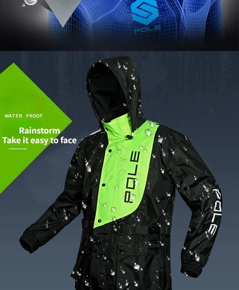 POLE hooded motorcycle raincoat by Simples Market; black with neon green front panel, breathable waterproof rainwear