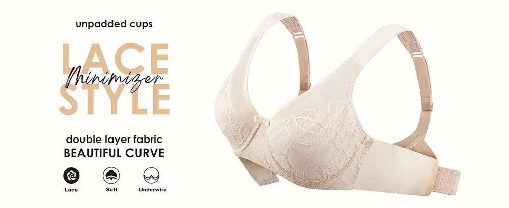 Sheroine plus-size underwire lace bra in nude, floral lace, full-coverage unpadded minimizer