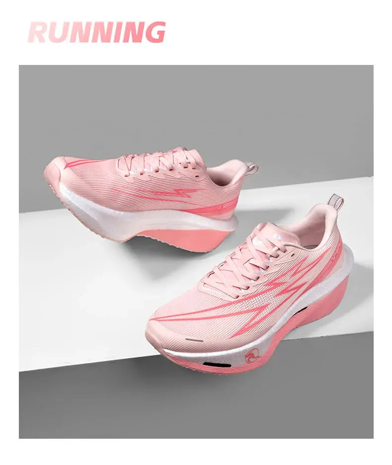 2 pink running shoes with white soles and breathable mesh uppers