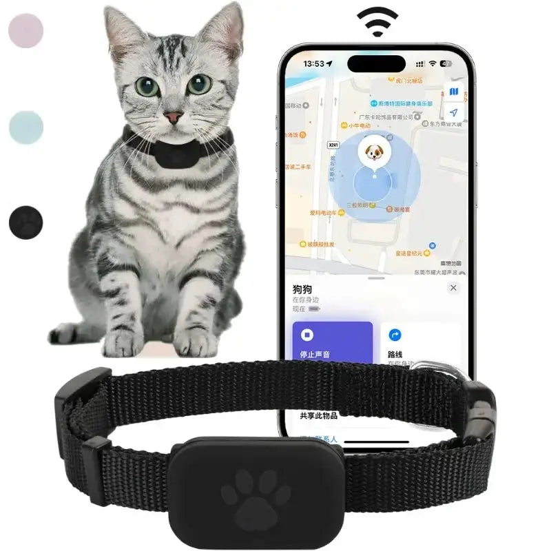 Simples Market waterproof pet GPS tracker collar with black strap and paw-print module, real-time location on Apple Find app