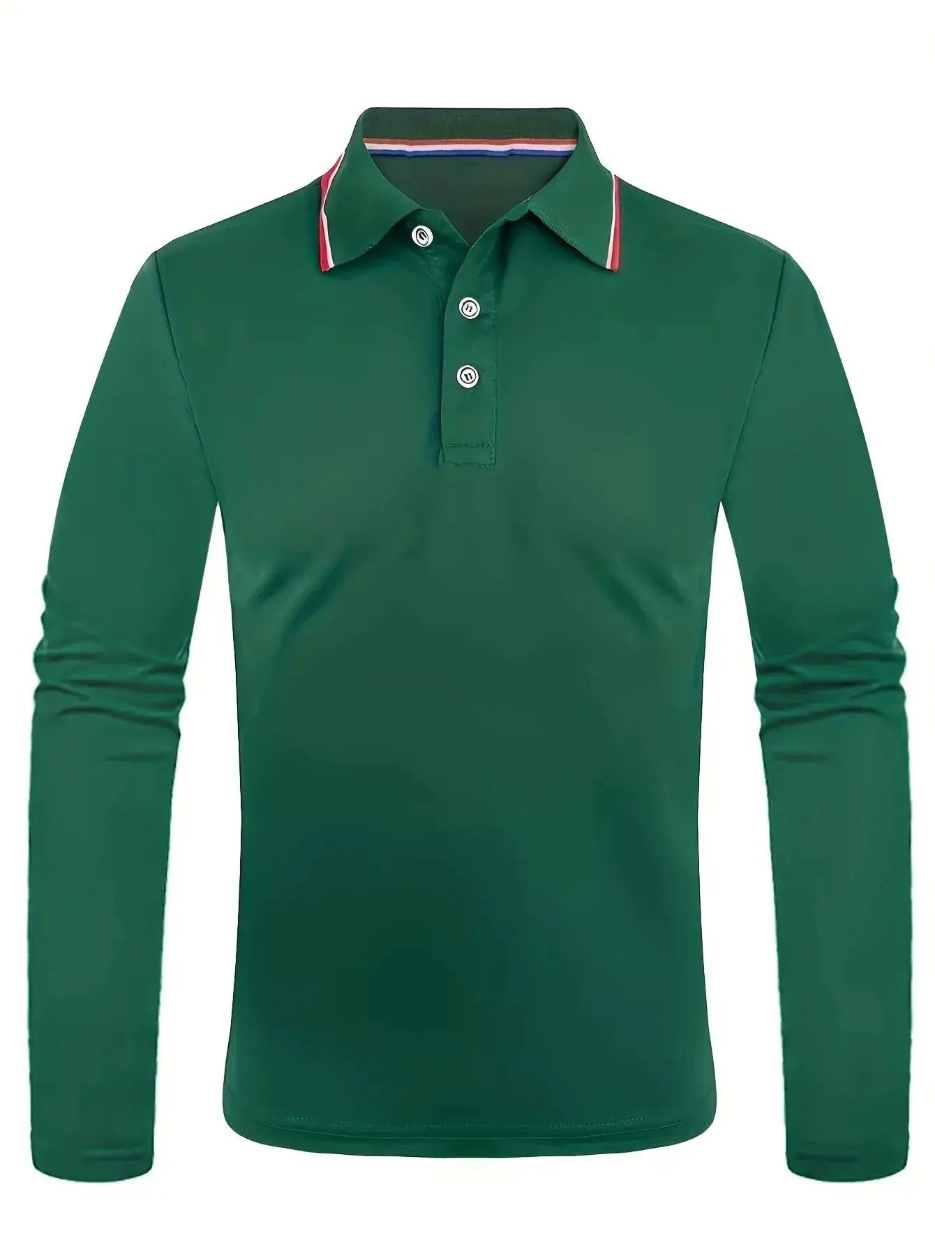 Men's green long-sleeve polo shirt with collar and button placket