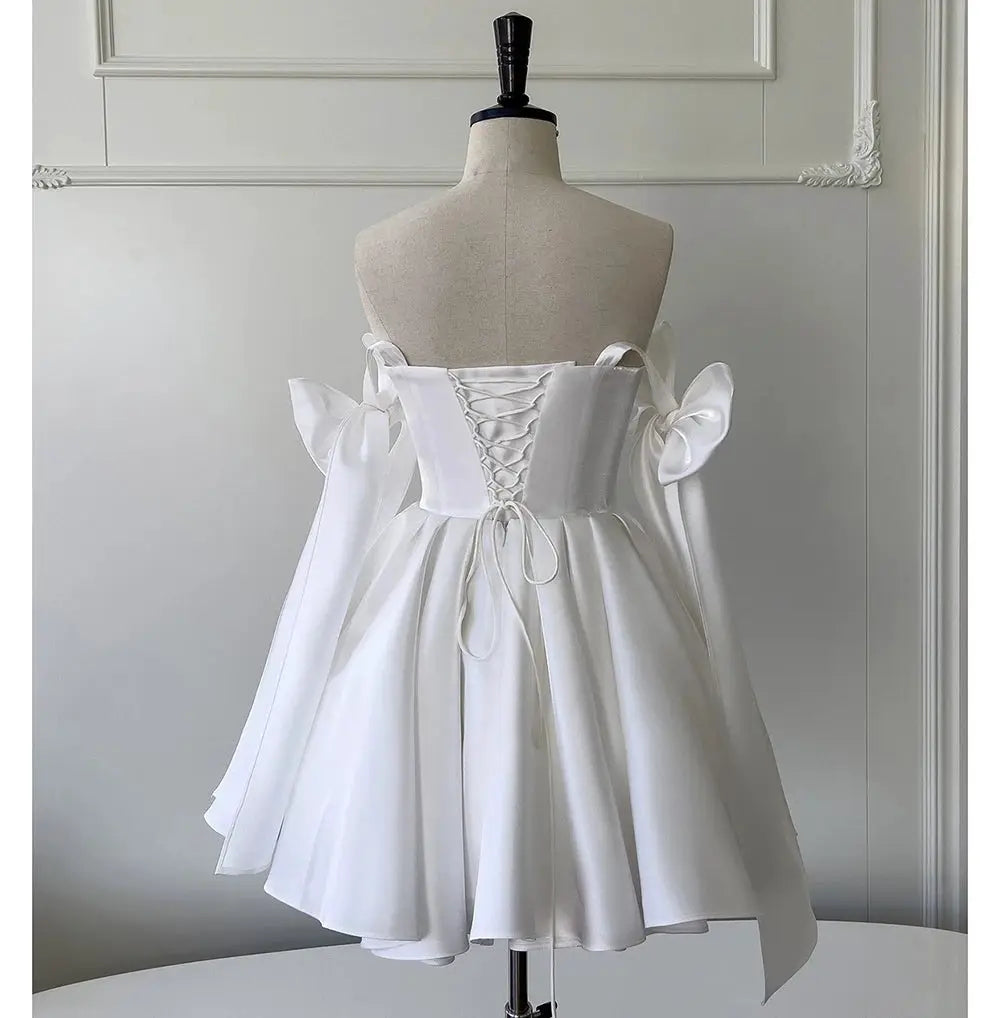 White Satin Bow A Line Knee Length Cocktail Dress Spaghetti Straps