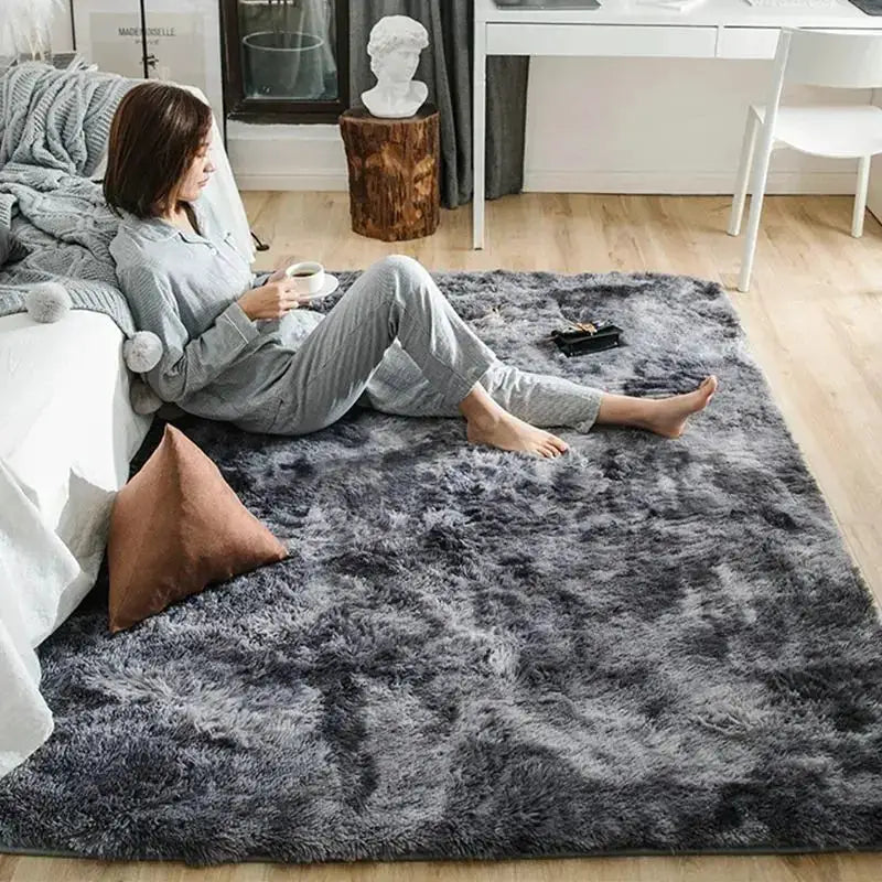VIKAMA 1PC silk-wool shag rug in dark gray for living room or bedroom