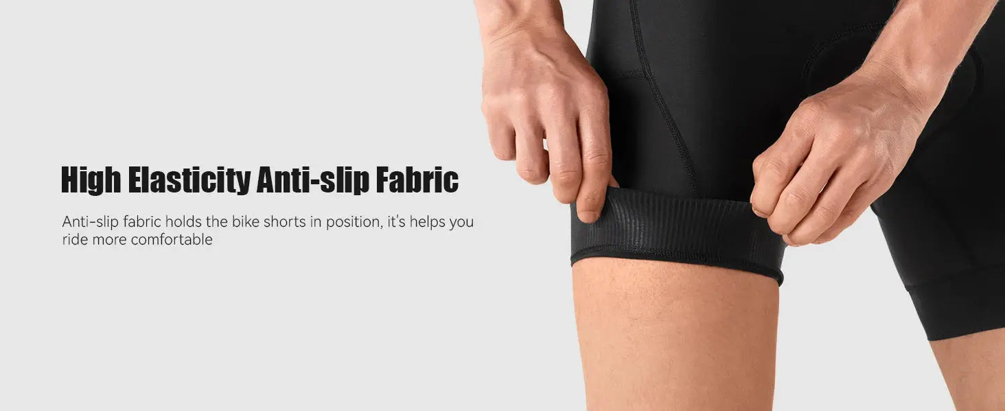 Men's performance cycling shorts in black with high-elasticity anti-slip fabric and elastic leg cuffs