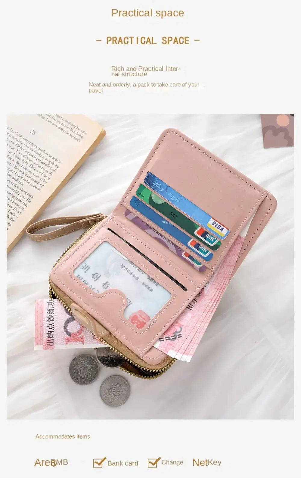 Simples Market pink PU leather cat coin purse wallet with card slots and zipper, wrist strap