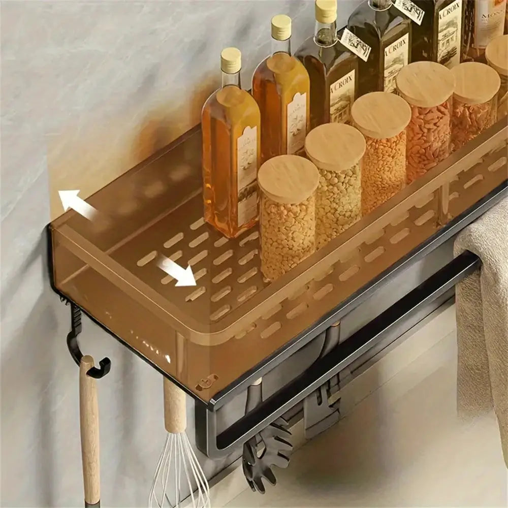 Multi-Functional wall-mounted seasoning rack with rod in brown metal; holds oil bottles and spice jars with utensil hooks.
