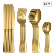 24 Piece Stainless Steel Gold Cutlery Set For 6 With Steak Knives Forks Spoons Dessert Forks Restaurant Kitchen