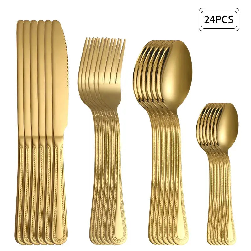 24 Piece Stainless Steel Gold Cutlery Set For 6 With Steak Knives Forks Spoons Dessert Forks Restaurant Kitchen