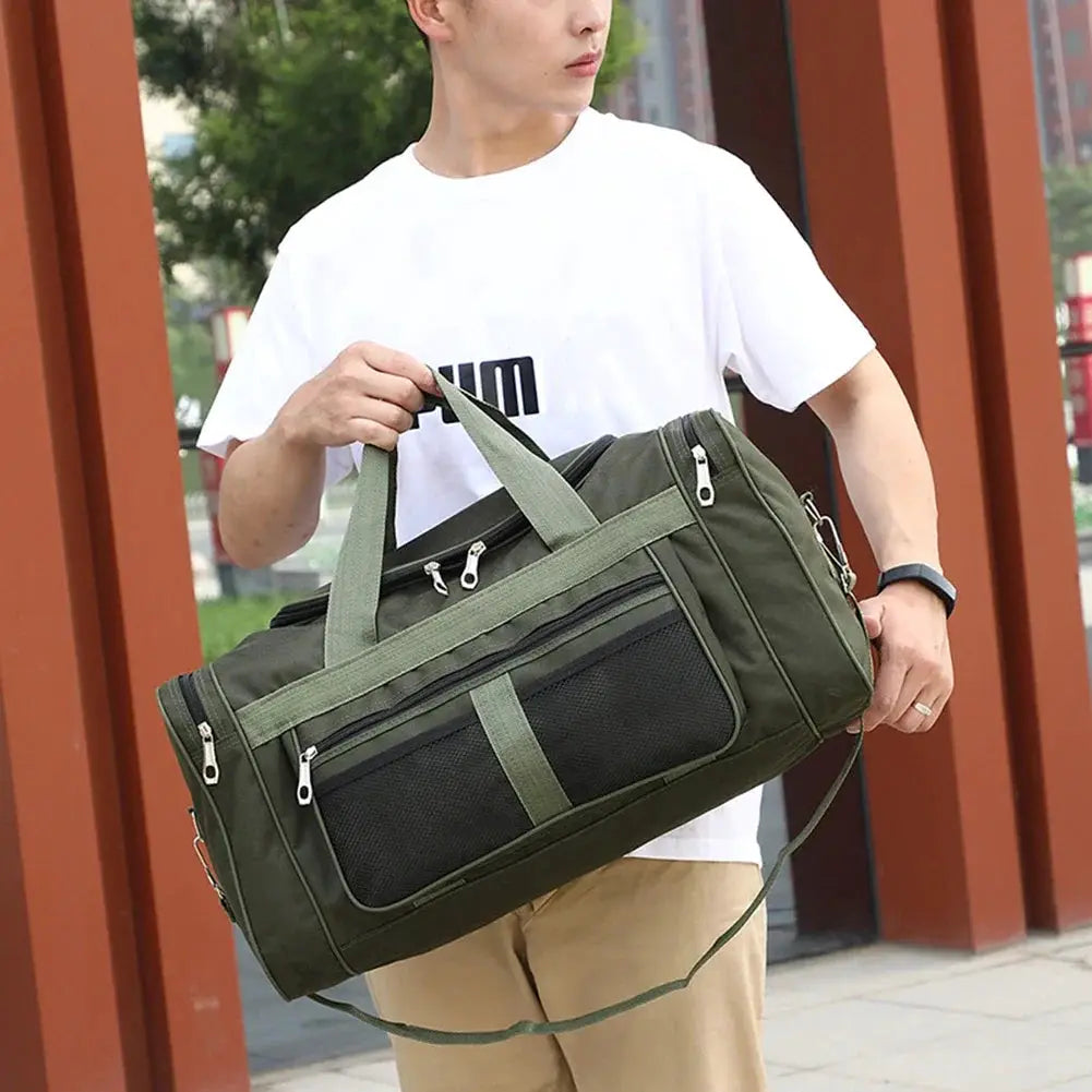 Large-capacity green Oxford gym bag with dry/wet separation and multiple zip pockets