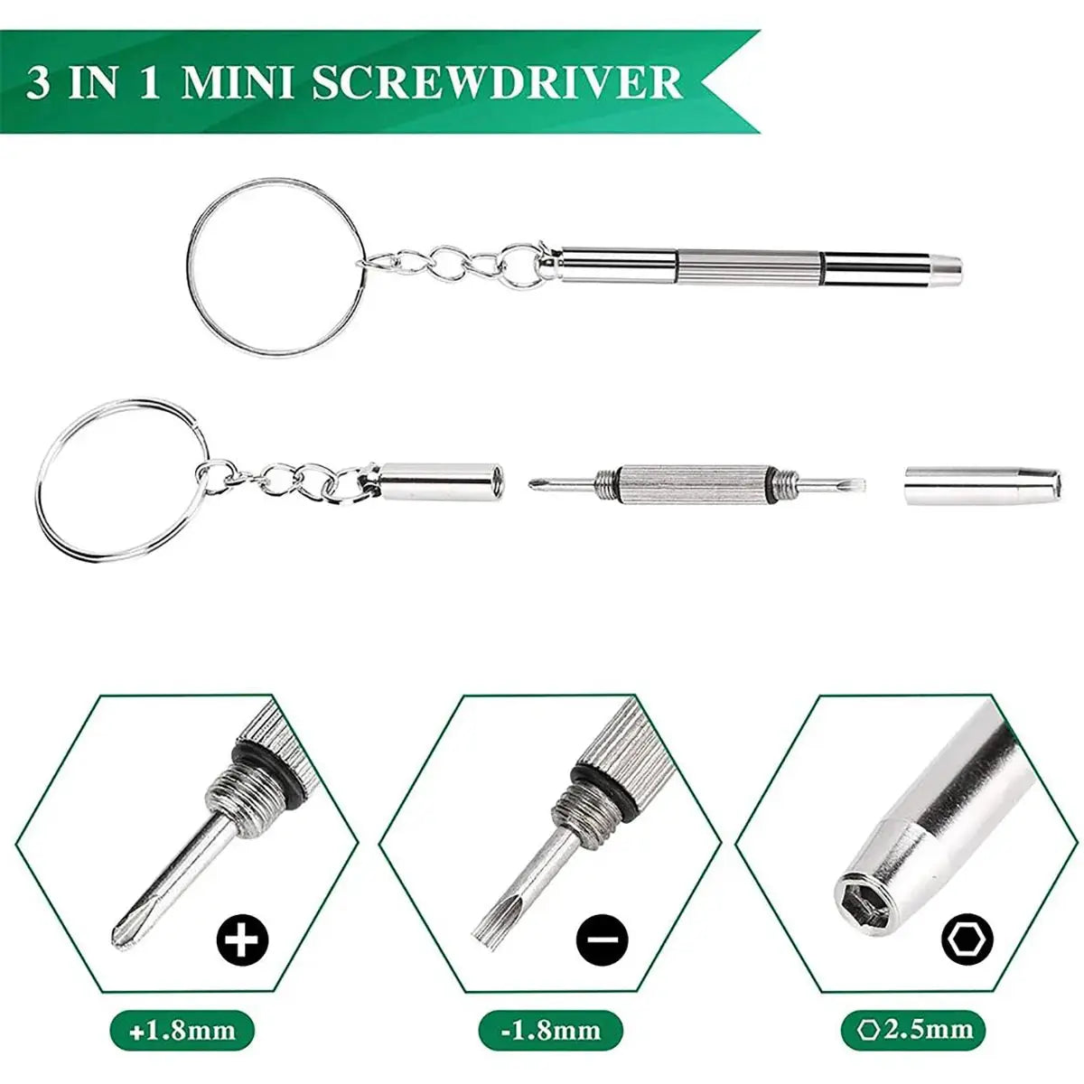 Simples Market 3-in-1 mini screwdriver keychain for eyeglasses and watches; silver metal handle with interchangeable bits