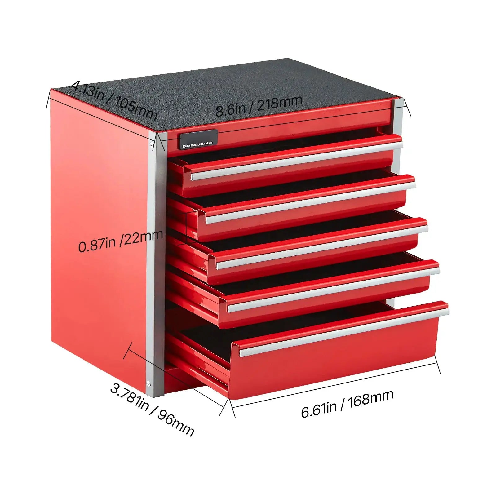 5-drawer metal tool chest, red with black top, portable with PP feet pads for garage storage