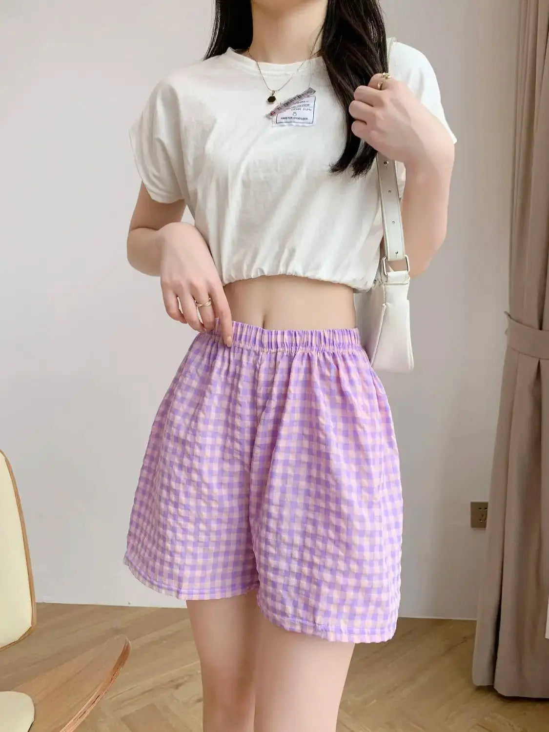 Summer Home Shorts for women, lavender plaid with elastic high-waisted waistband for casual, comfortable wear.