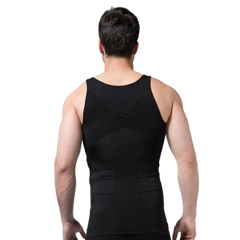 Men's black slimming vest shapewear with waist cinching panels, back view