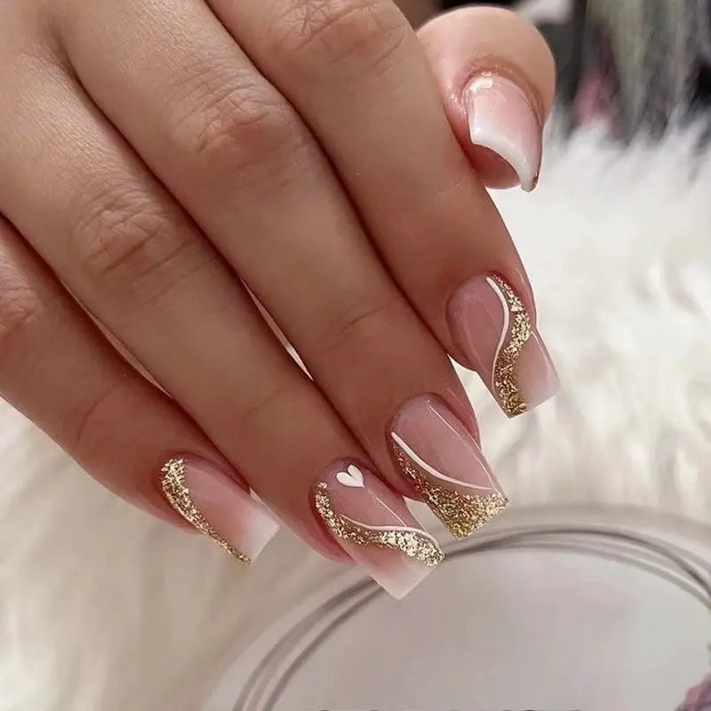 GlamNail Pro 24Pcs Short Square Coffin Press On Nails Set With Glue French Glitter Ballet Style