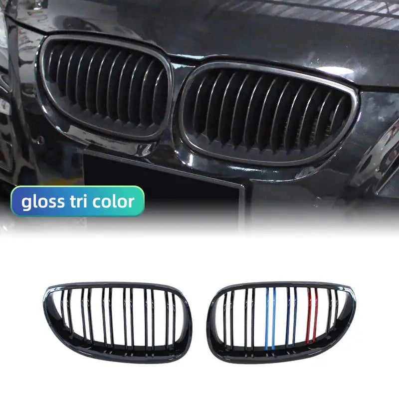 BMW E60/E61 5 Series kidney grilles in gloss black; pair with vertical slats.