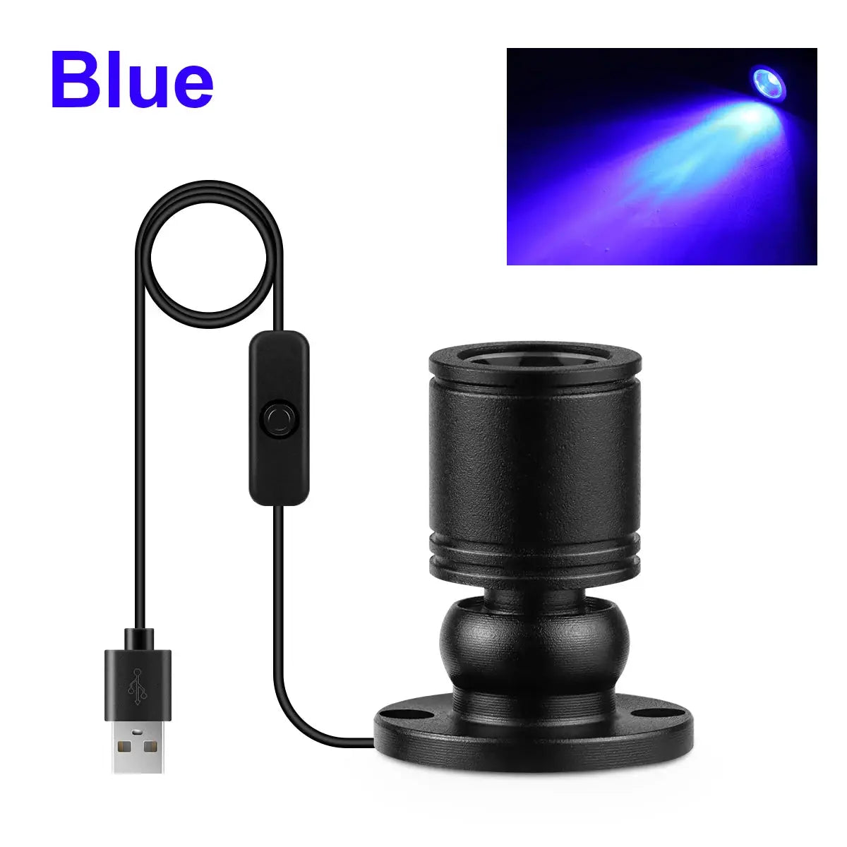Colorful LED USB ceiling spotlight with base; blue beam shown