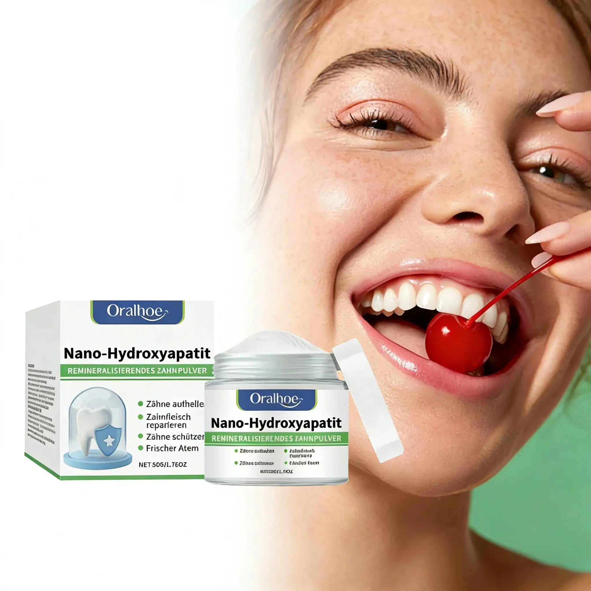 Hydroxyapatite teeth whitening powder boxes by Simples Market beside a smiling woman's face