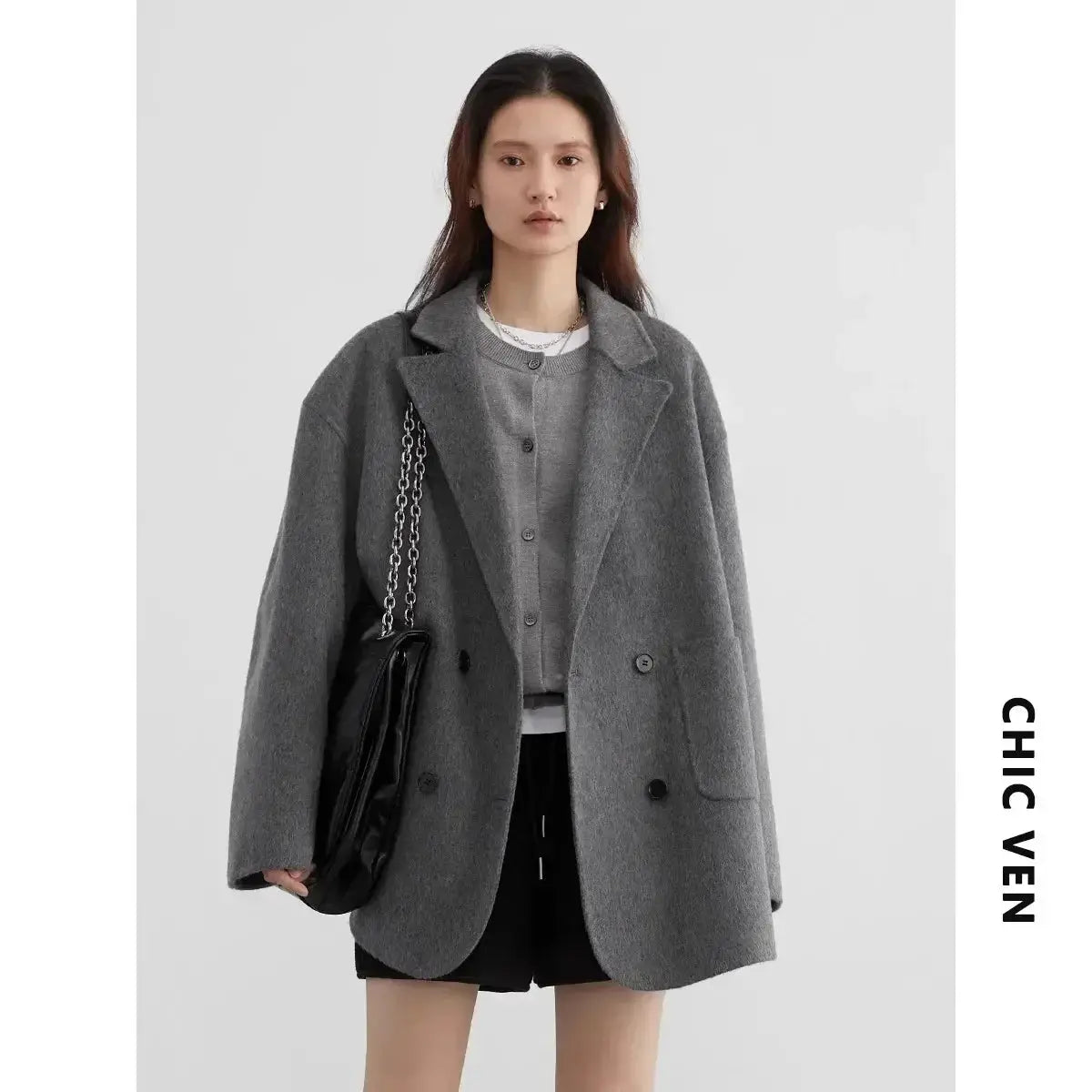 Chic Ven Womens Woolen Coat Loose Casual Fit Retro Double Breasted Outerwear For Autumn And Winter