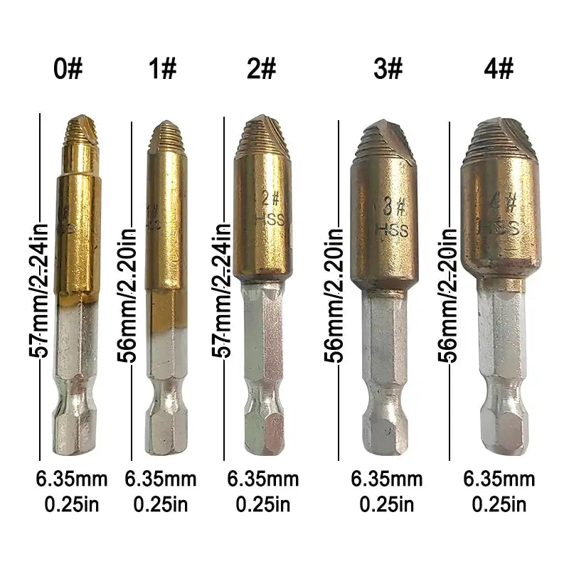 5 Piece Hex Handle Screw Extractor Set For Wood And Metal Removal With Single Head Cutting Edge