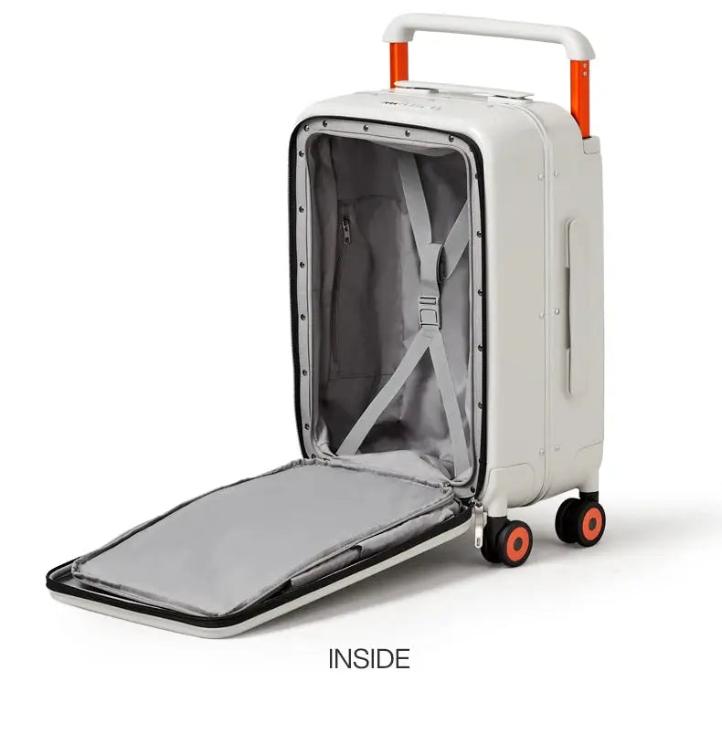 Simples Market Mixi 20-inch carry-on suitcase, light gray hard-shell with orange wheels