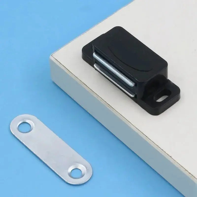Cabinet magnetic door latch 2-piece set with black housing and metal strike plate