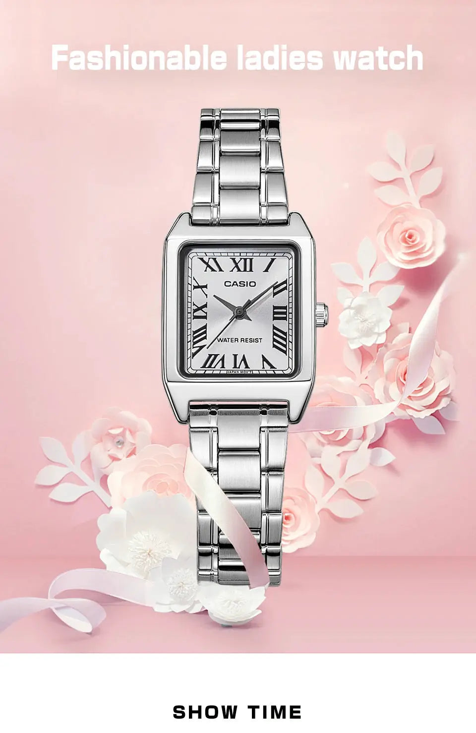 Casio women's silver-tone stainless steel tonneau watch with Roman numeral dial, water resistant to 30m