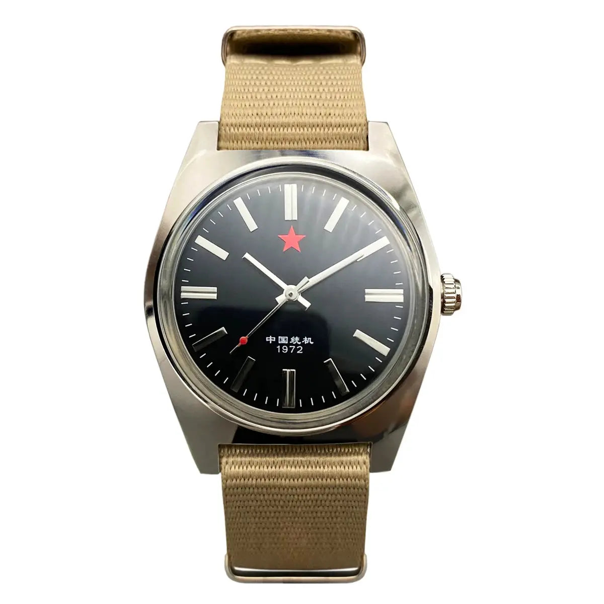 Men's mechanical watch with black dial, red star, silver case, beige fabric strap; Shanghai 8120 retro Chinese design
