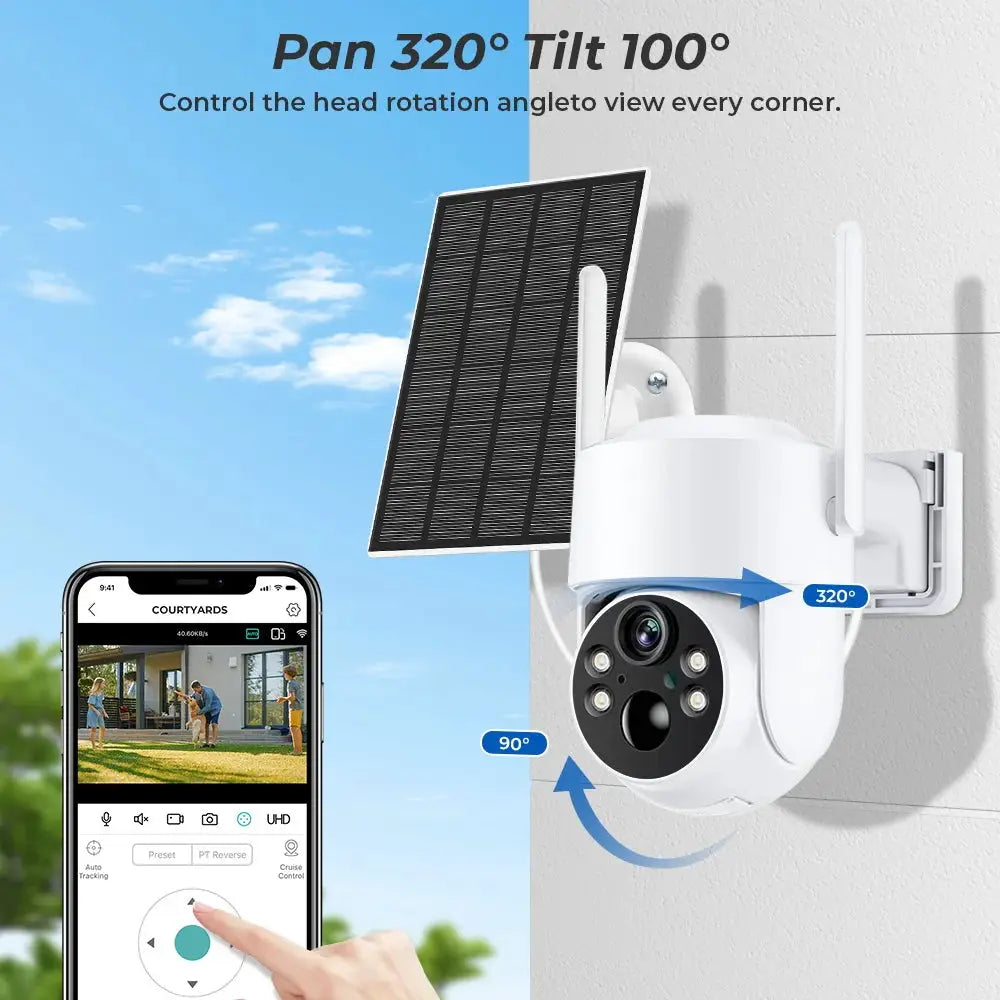 Simples Market outdoor solar WiFi PTZ camera, 4MP HD with built-in battery and iCsee app control