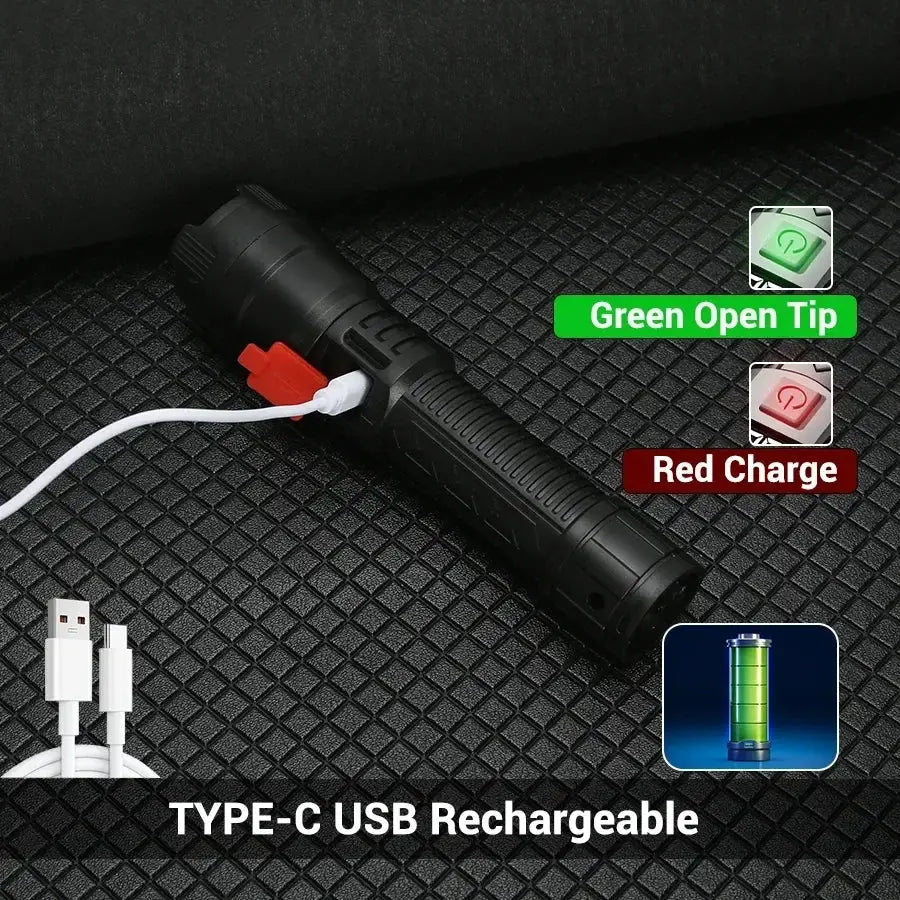Simples Market high power LED flashlight, USB-C rechargeable 1000LM, zoomable waterproof camping torch