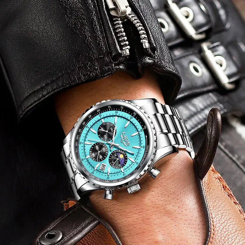 LIGE men's chronograph wristwatch with turquoise dial, stainless steel bracelet, date display and three subdials