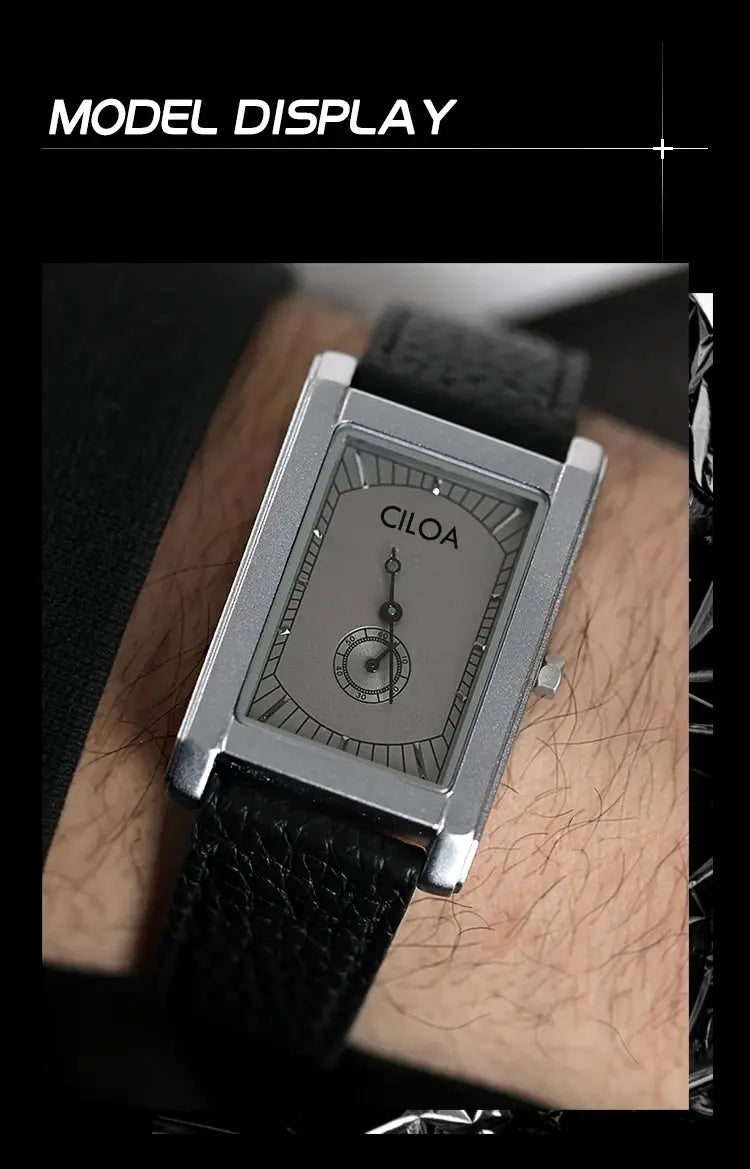 CILOA square men's quartz watch with silver case and black leather strap.