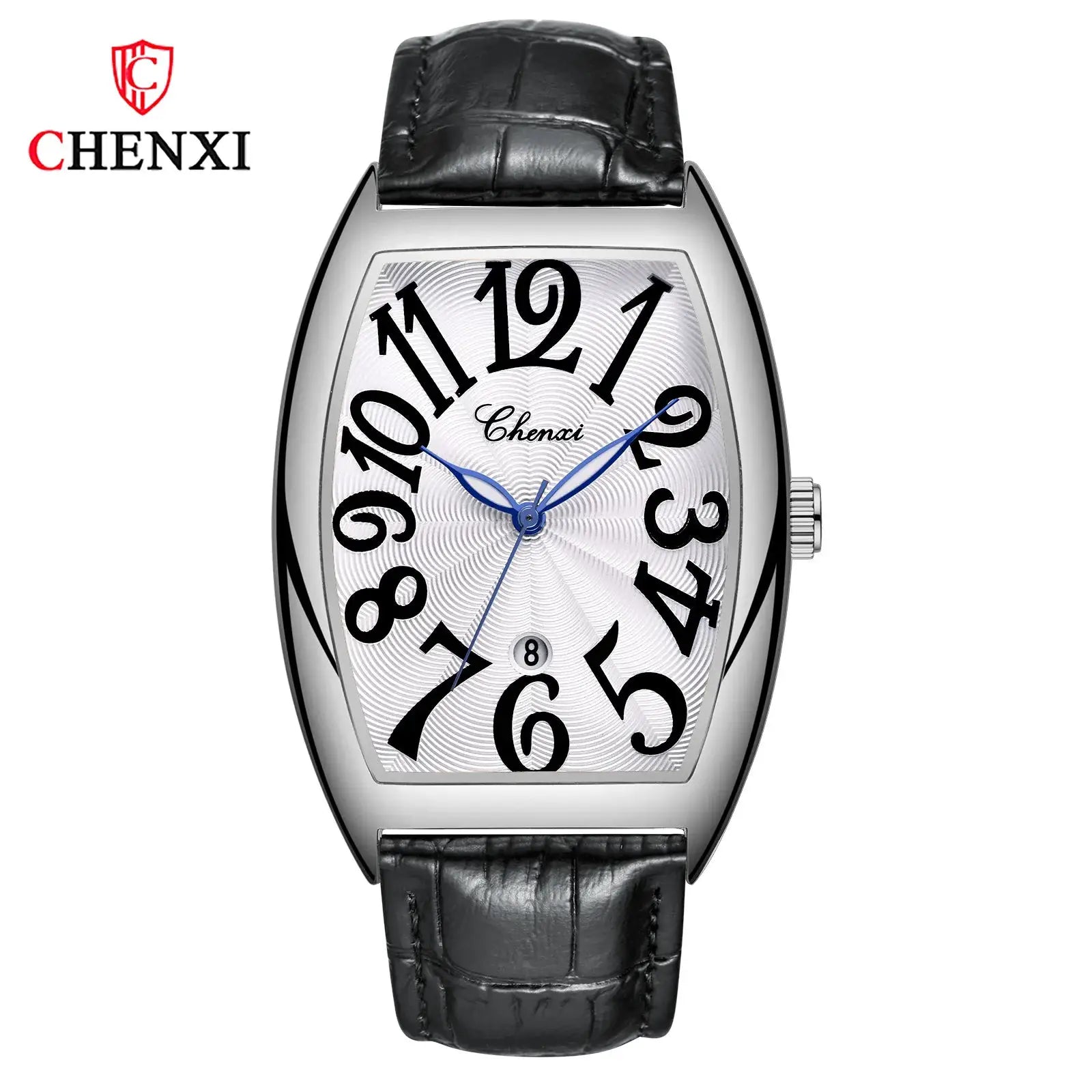 CHENXI men's watch with black leather strap, curved silver case, white dial with large black numerals and blue hands