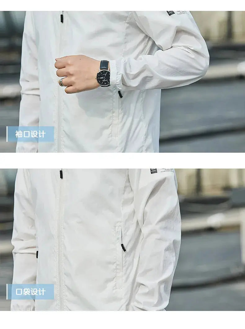 Simples Market white waterproof hooded windbreaker jacket for men and women, quick-dry sun protection with zip pockets