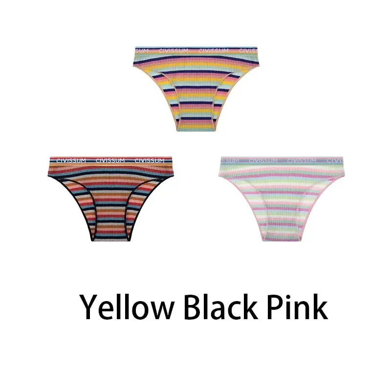 3-pack women cotton hipster panties with rainbow striped pattern in yellow, black and pink